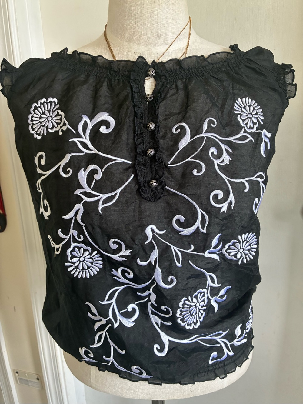 White House Black Market Black Embroidered Sheer Silk Top